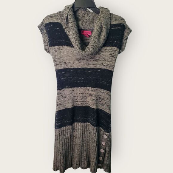Y2K Black Gray Striped Knit Cowl Neck Mini Dress Size Large - Picture 1 of 7